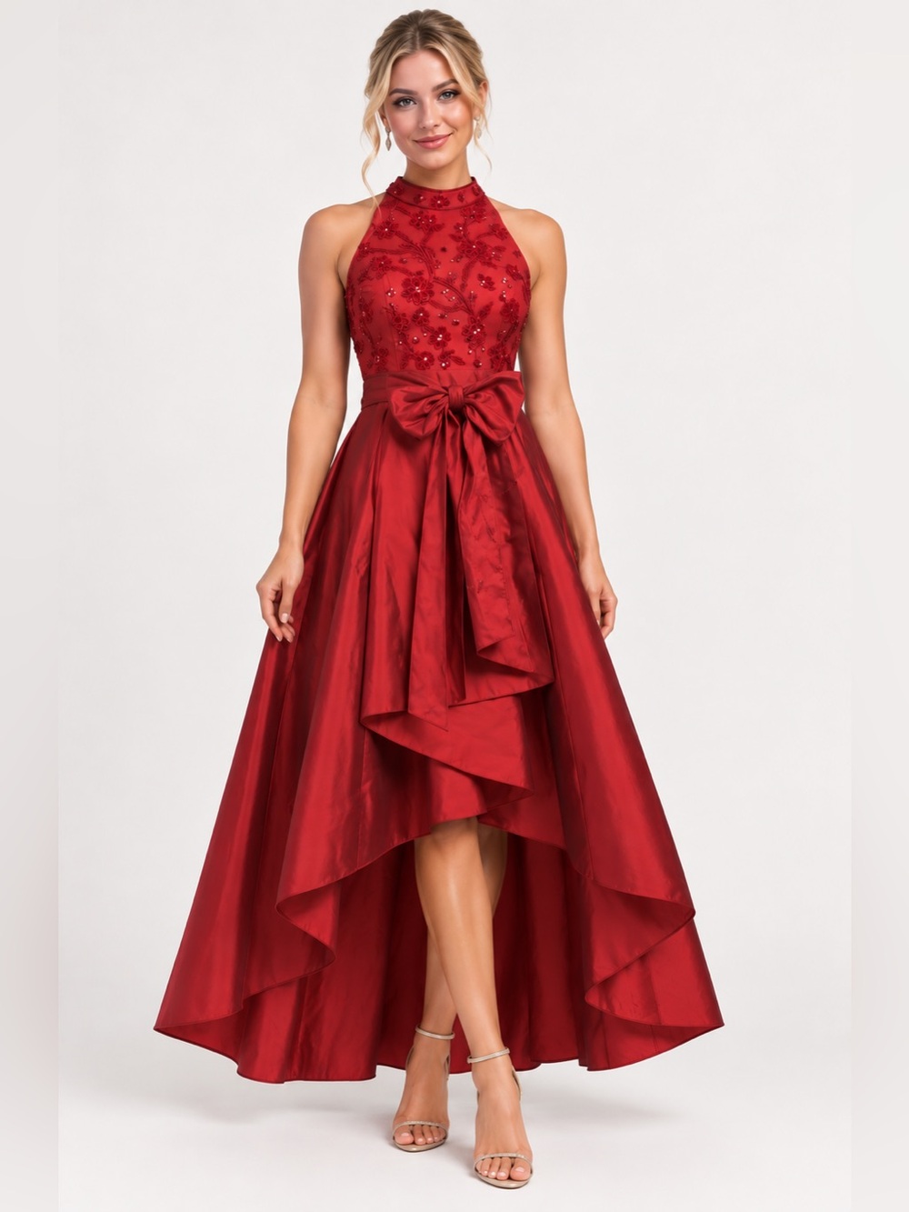 Adrianna Papell SZ 8 Red Embellished Halter Formal Gown Bow NWT GALA MOB Evening